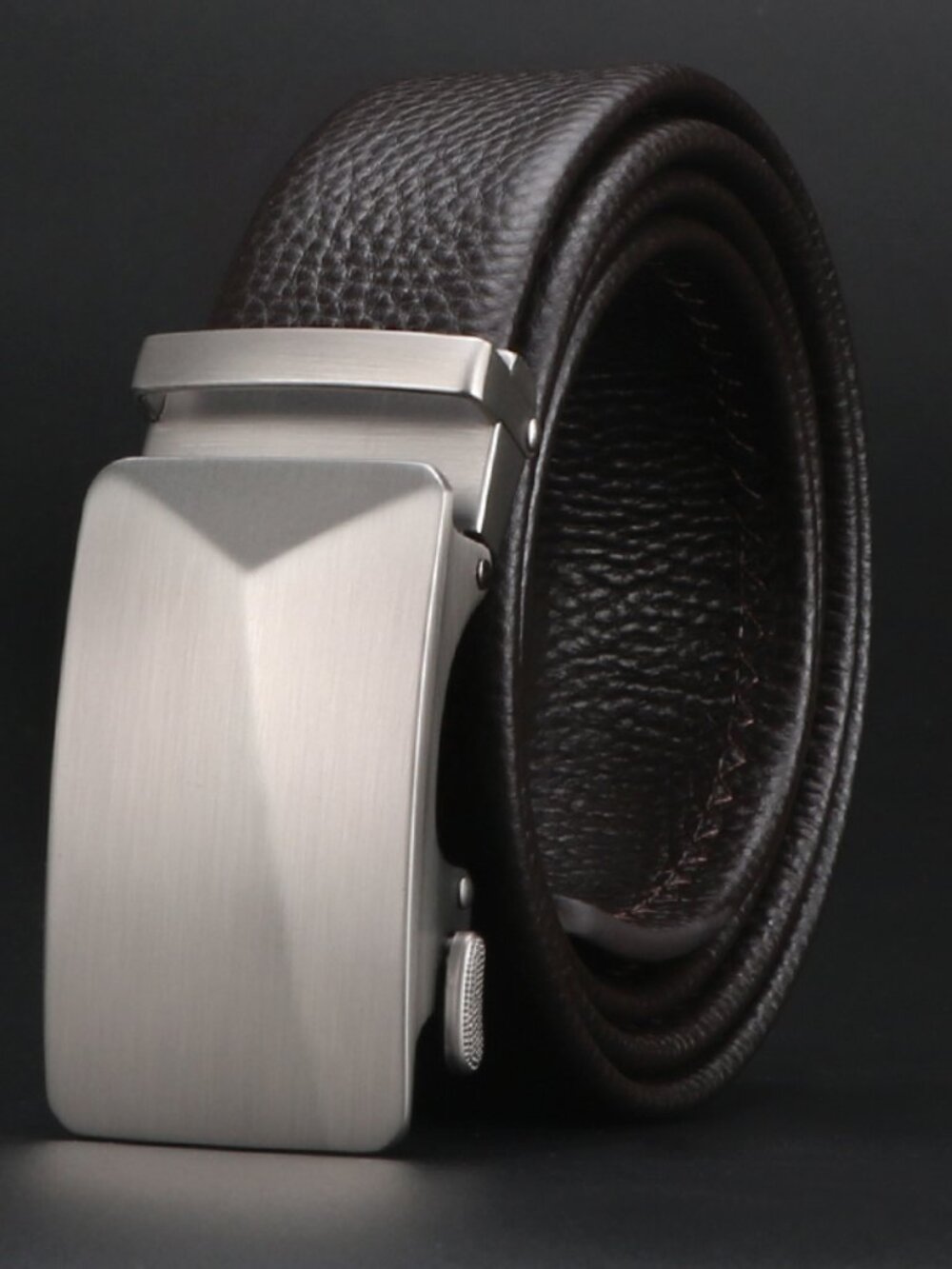 Men's Brown Leather Automatic Ratchet Belt - Checkerboard Pattern - 120cm